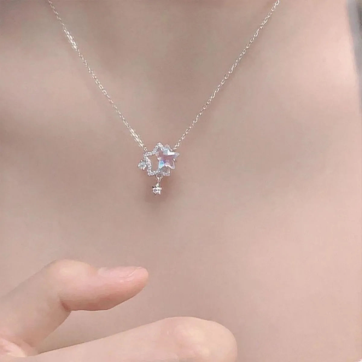 S925 Sterling Silver Star Moon Necklace CZ Pendant Adjustable 40-45 cm