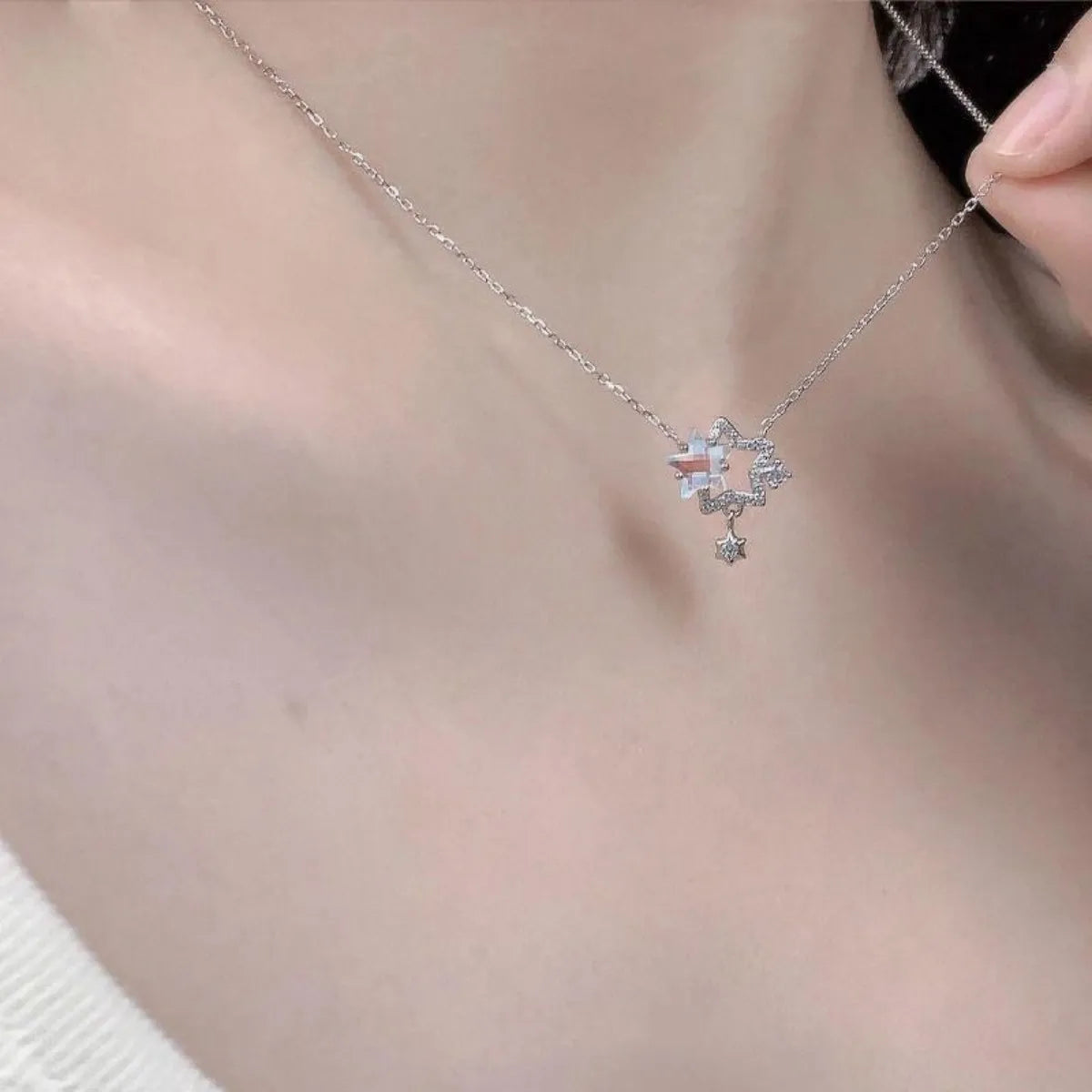 S925 Sterling Silver Star Moon Necklace CZ Pendant Adjustable 40-45 cm