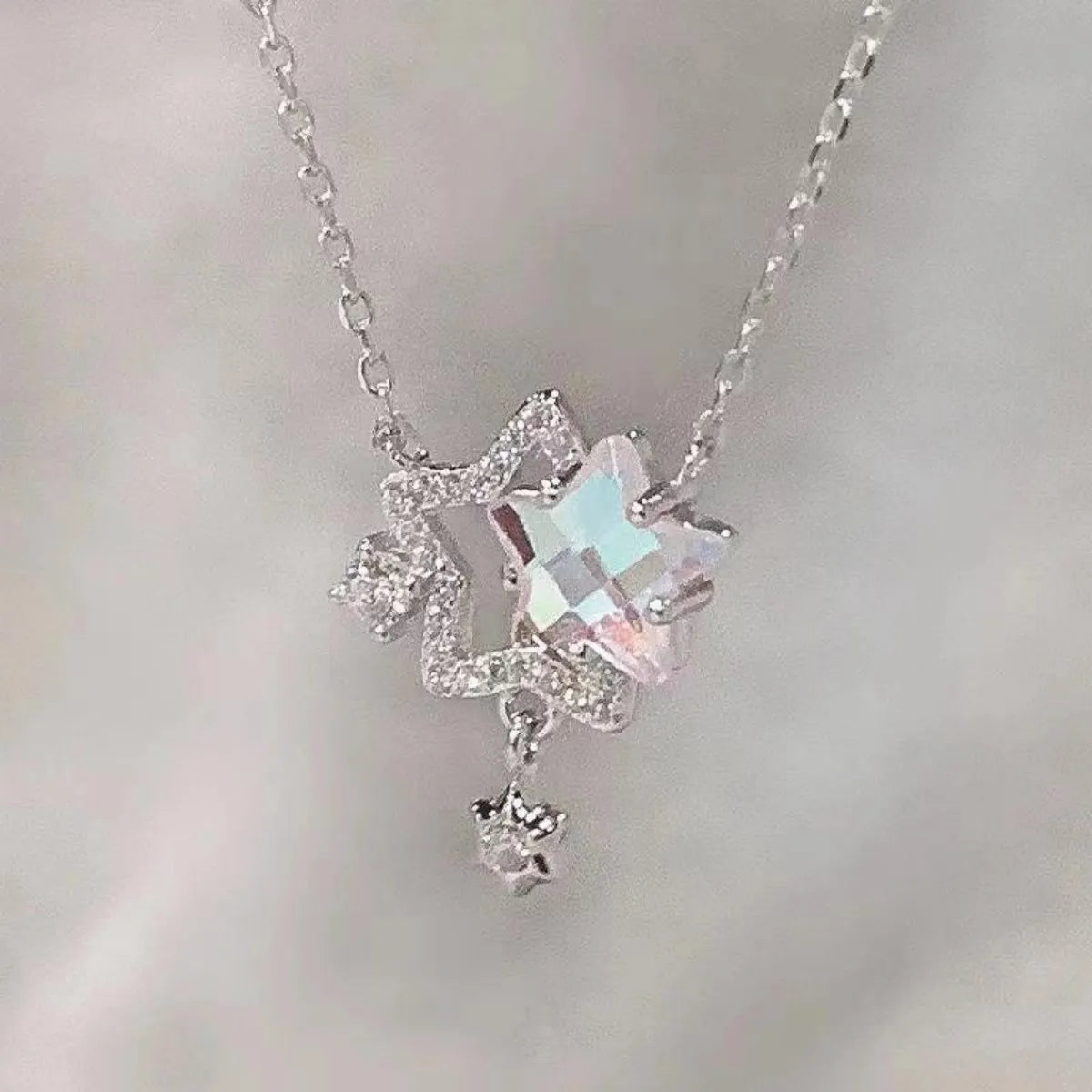 S925 Sterling Silver Star Moon Necklace CZ Pendant Adjustable 40-45 cm