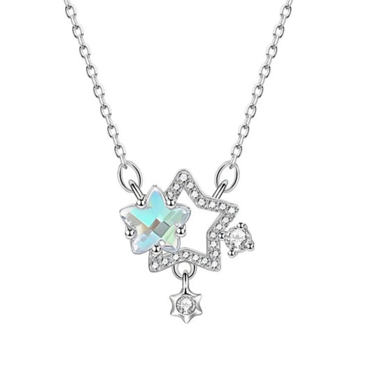 S925 Sterling Silver Star Moon Necklace CZ Pendant Adjustable 40-45 cm
