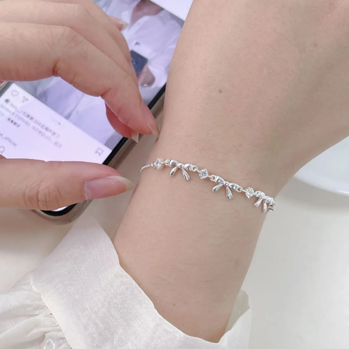 S925 Sterling Silver Bow Bracelet CZ Adjustable 15-18 cm
