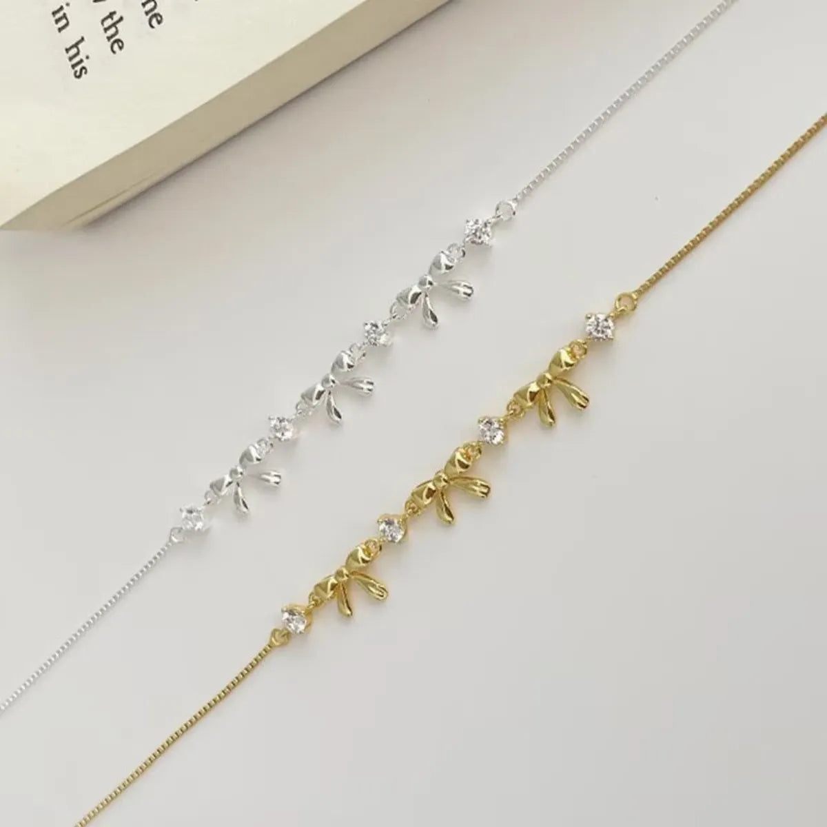 S925 Sterling Silver Bow Bracelet CZ Adjustable 15-18 cm