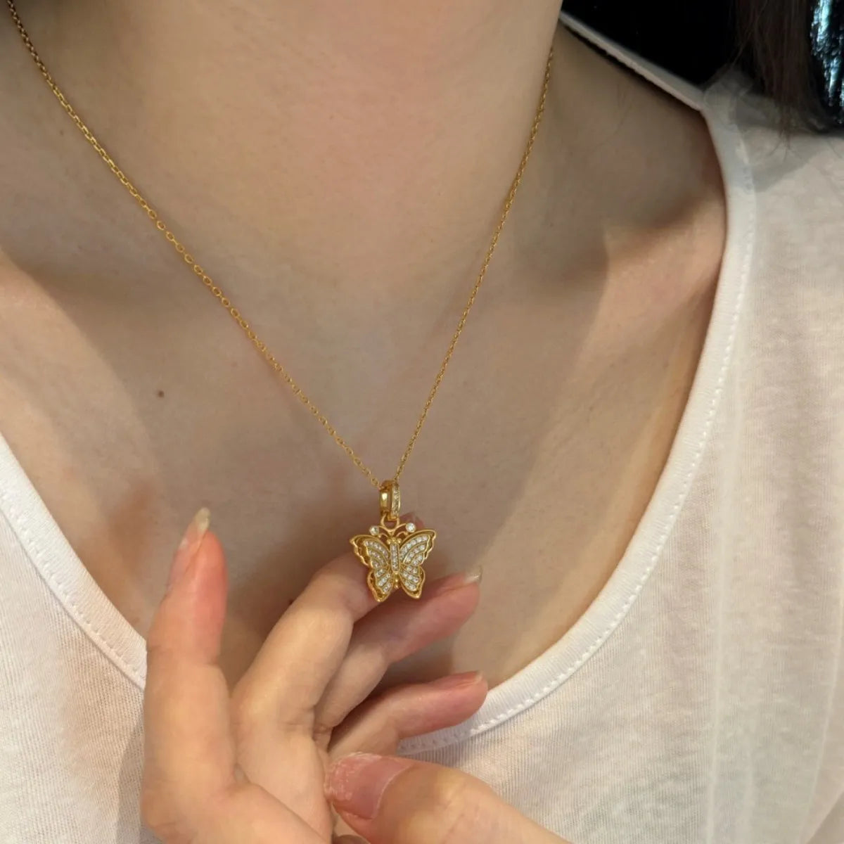 S925 Sterling Silver Vintage Butterfly Necklace CZ Gold Tone Adjustable