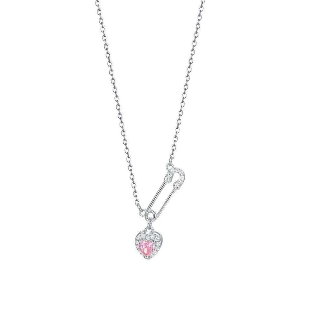 S925 Sterling Silver Heart Safety Pin Necklace Pink CZ Pendant