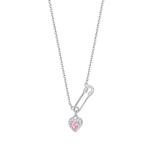 S925 Sterling Silver Heart Safety Pin Necklace Pink CZ Pendant