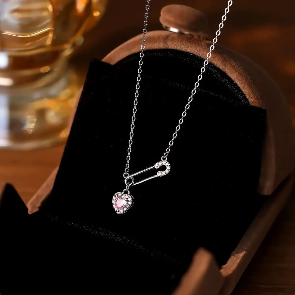 S925 Sterling Silver Heart Safety Pin Necklace Pink CZ Pendant