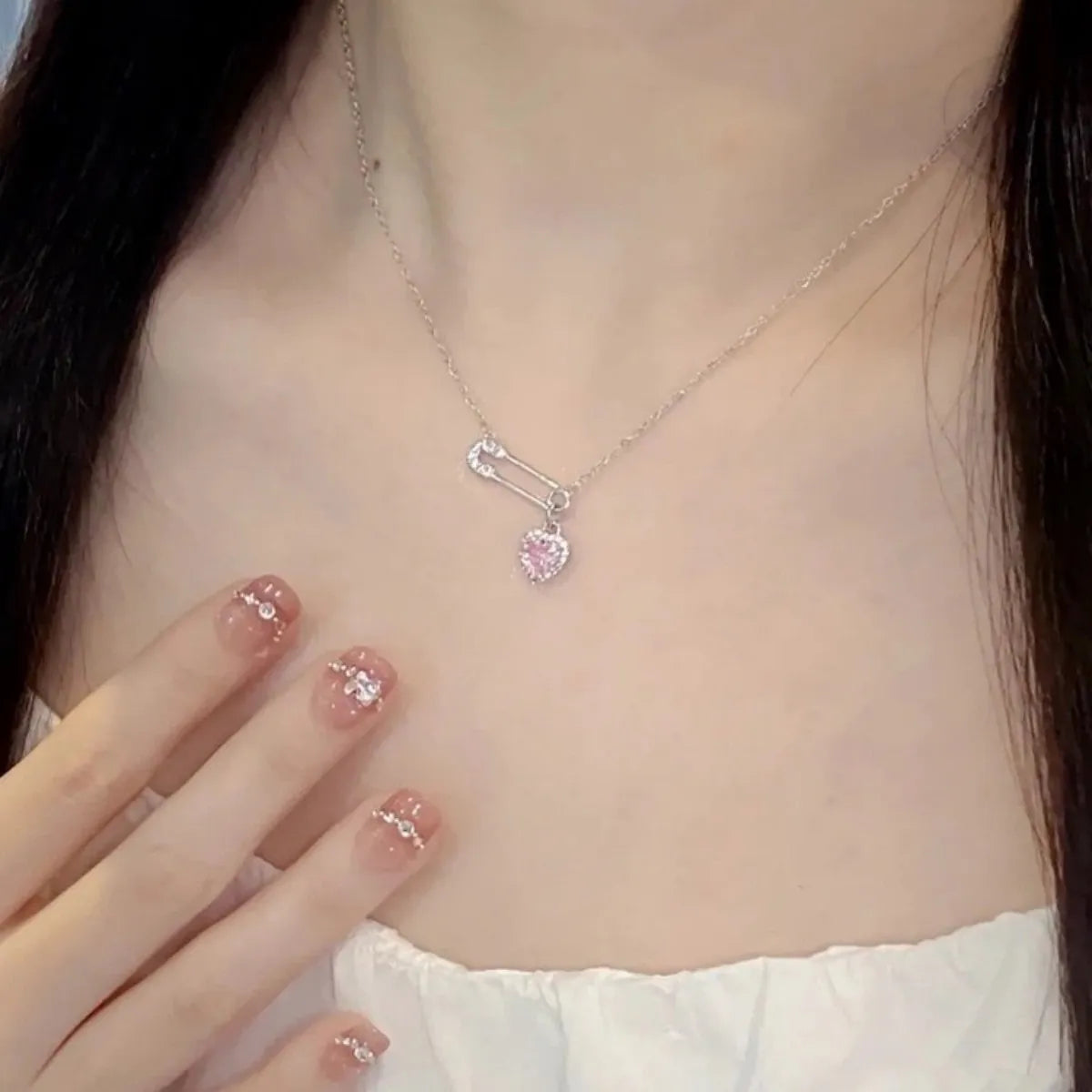 S925 Sterling Silver Heart Safety Pin Necklace Pink CZ Pendant