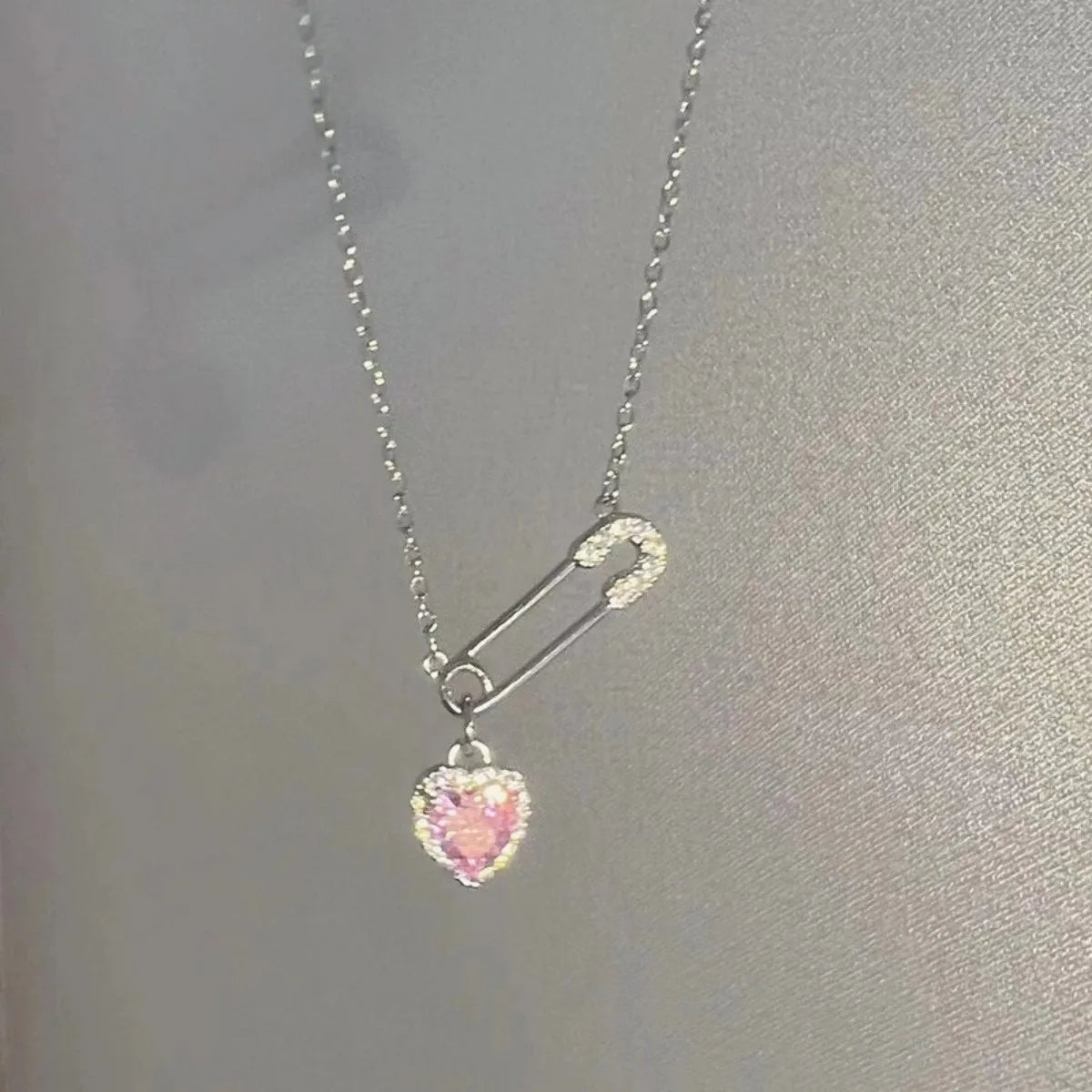 S925 Sterling Silver Heart Safety Pin Necklace Pink CZ Pendant