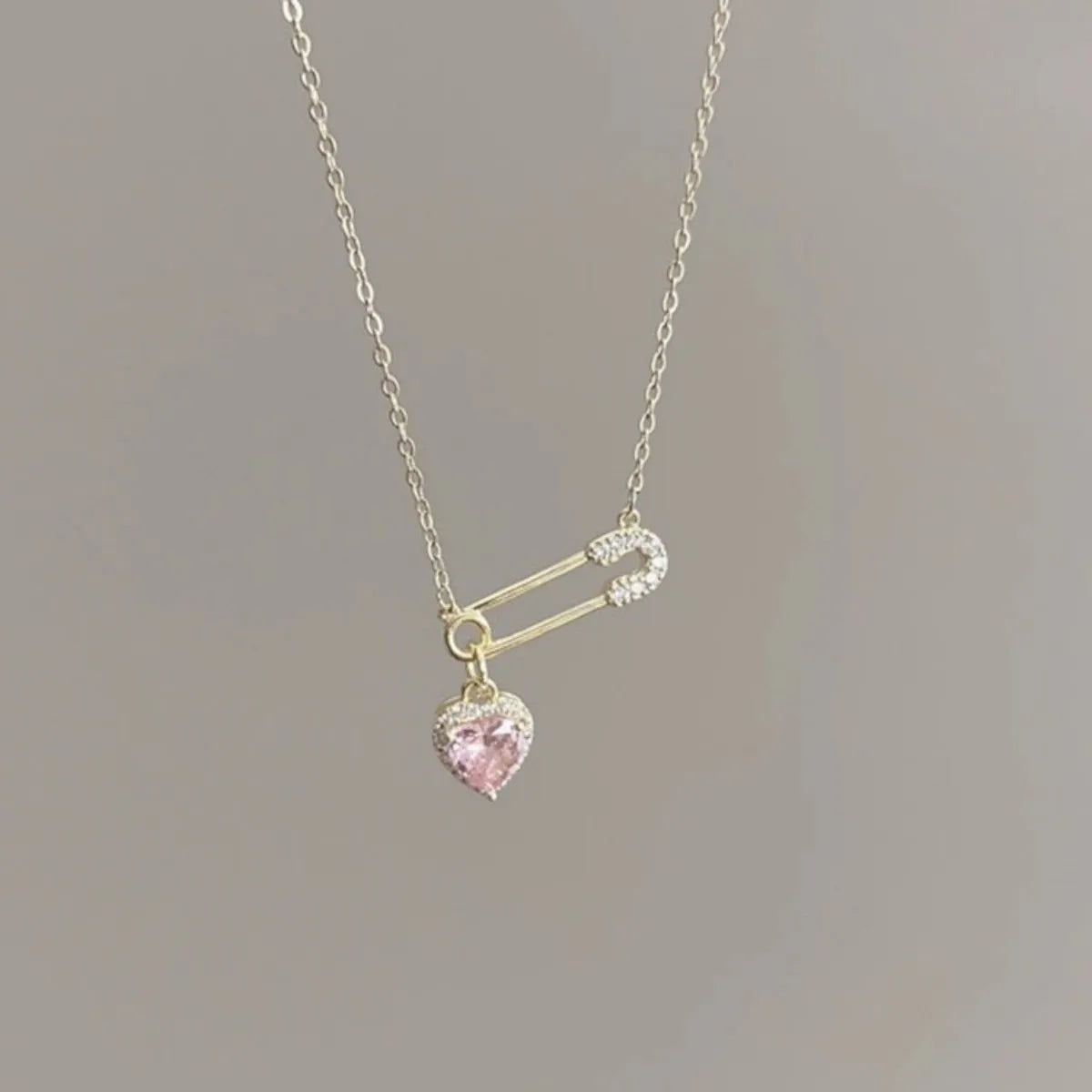S925 Sterling Silver Heart Safety Pin Necklace Pink CZ Pendant