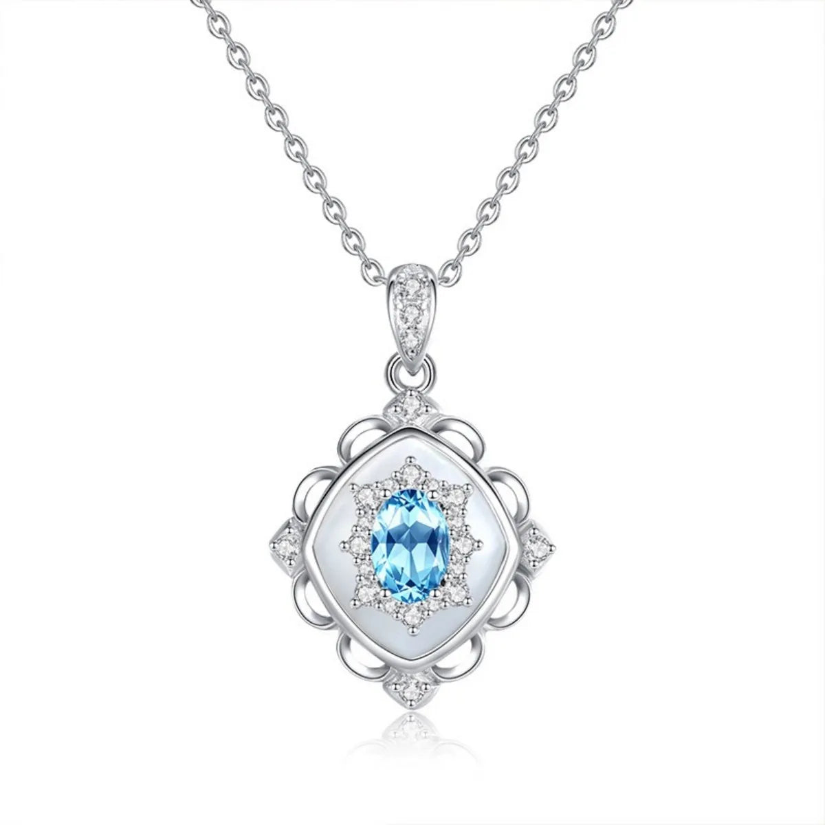 S925 Sterling Silver Retro Crystal Necklace Mother of Pearl 45 cm