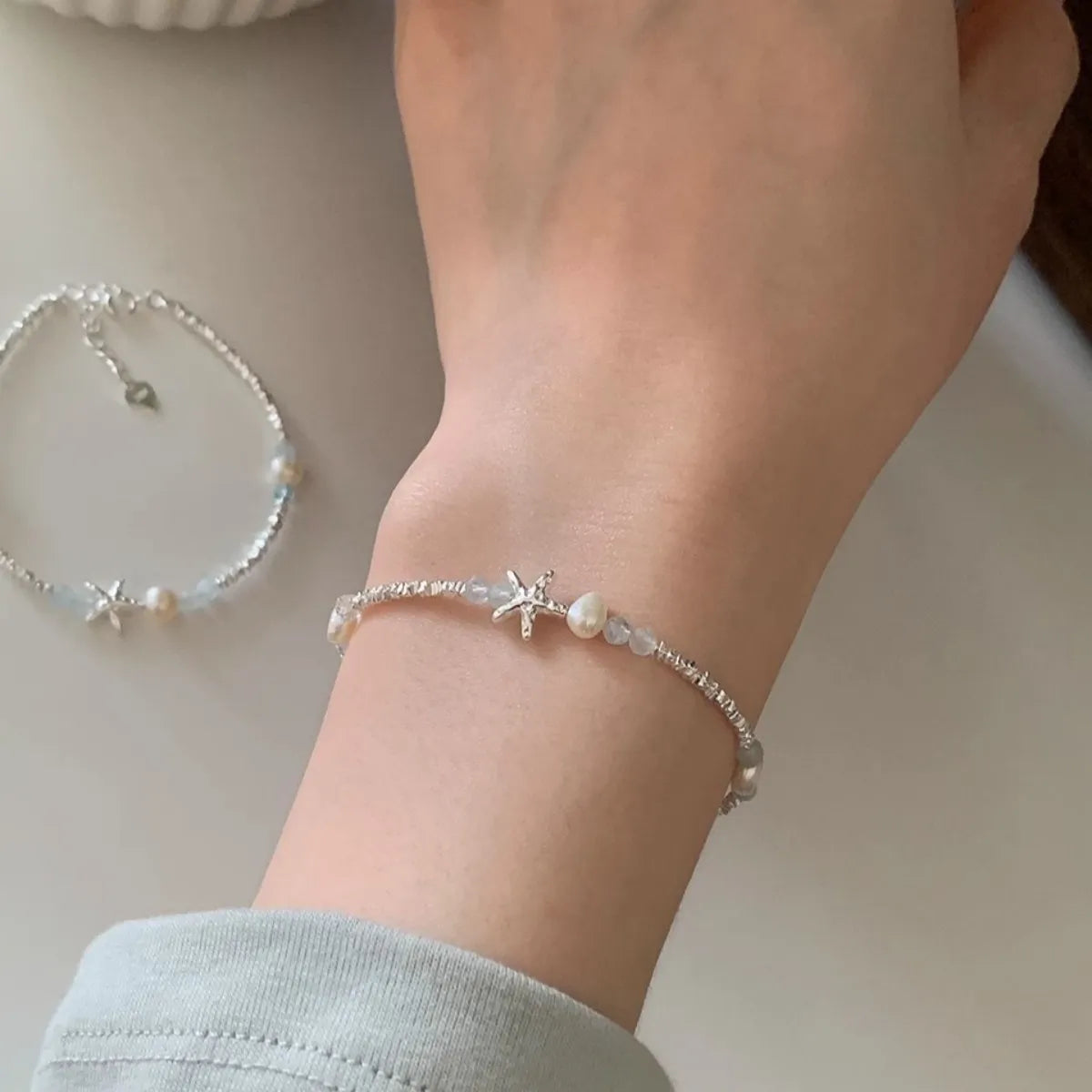 S925 Sterling Silver Starfish Pearl Bracelet Natural Pearl Adjustable