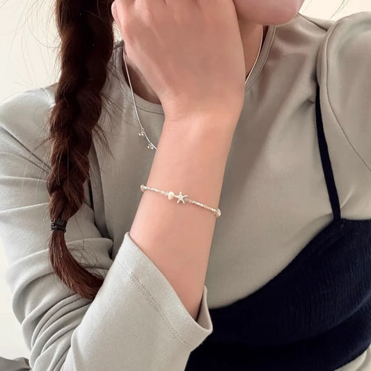 S925 Sterling Silver Starfish Pearl Bracelet Natural Pearl Adjustable
