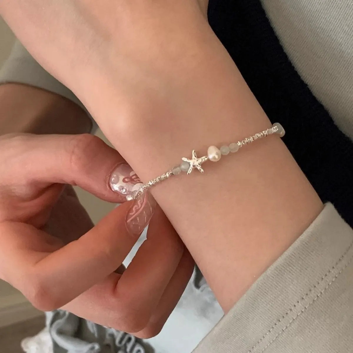 S925 Sterling Silver Starfish Pearl Bracelet Natural Pearl Adjustable