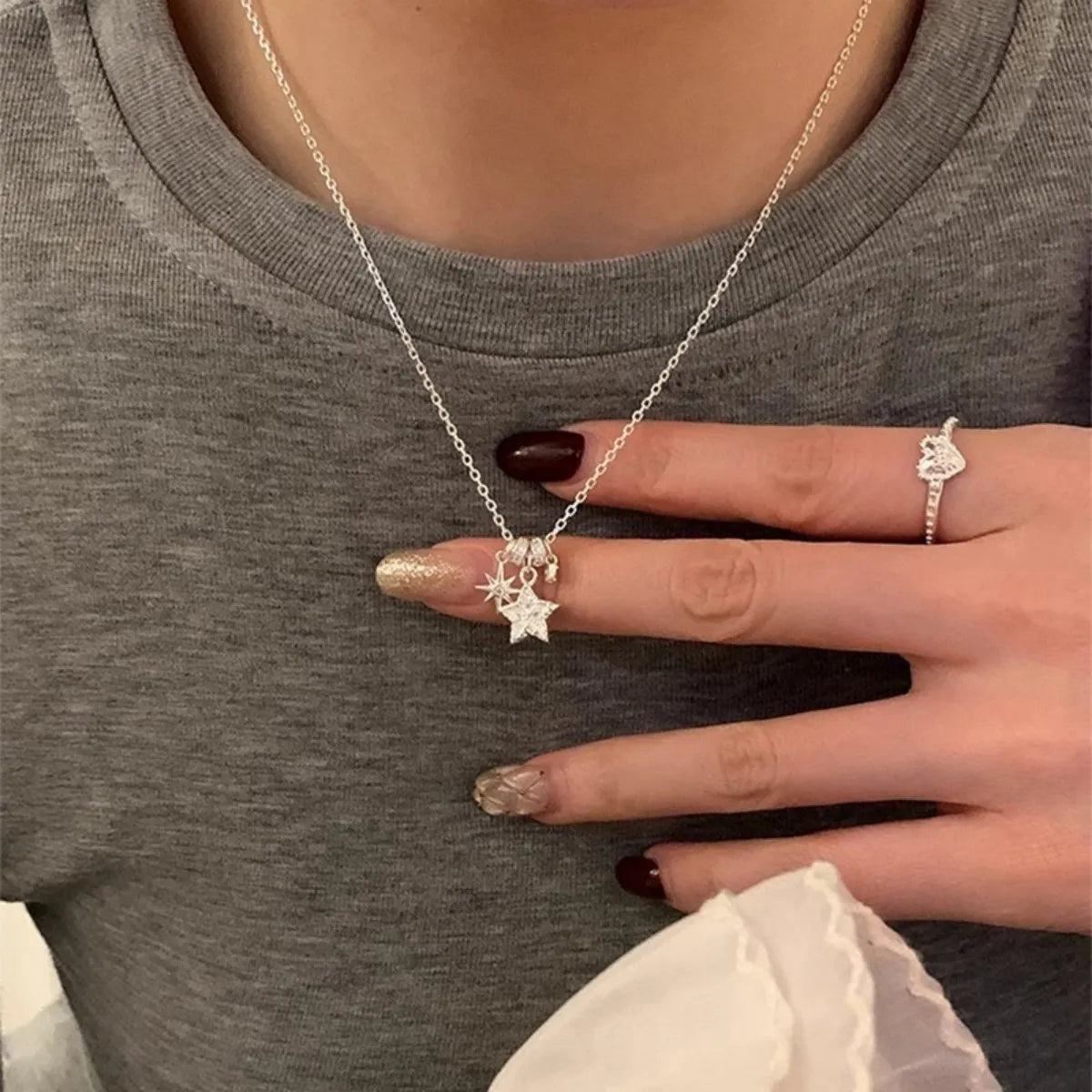 S925 Sterling Silver Star Charm Necklace Adjustable 40-45 cm
