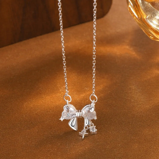 999 Pure Silver Bow Necklace Minimalist Pendant