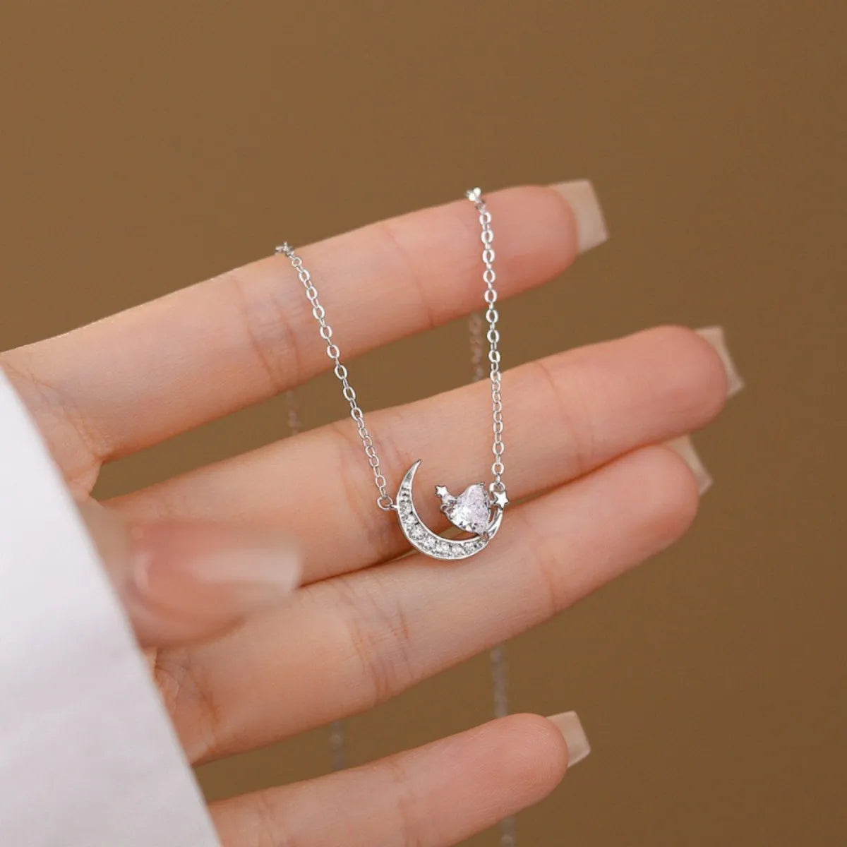 S925 Sterling Silver Heart Moon Necklace Minimalist Pendant