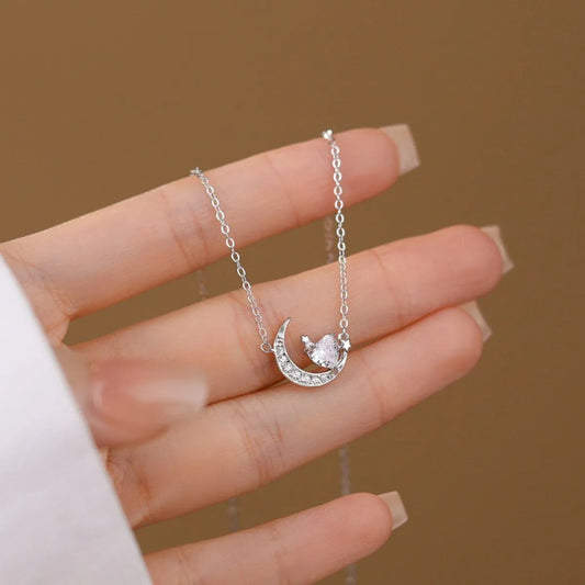 S925 Sterling Silver Heart Moon Necklace Minimalist Pendant