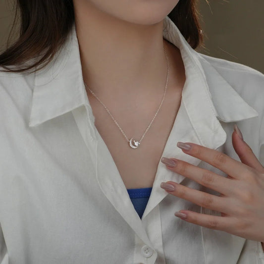 S925 Sterling Silver Heart Moon Necklace Minimalist Pendant