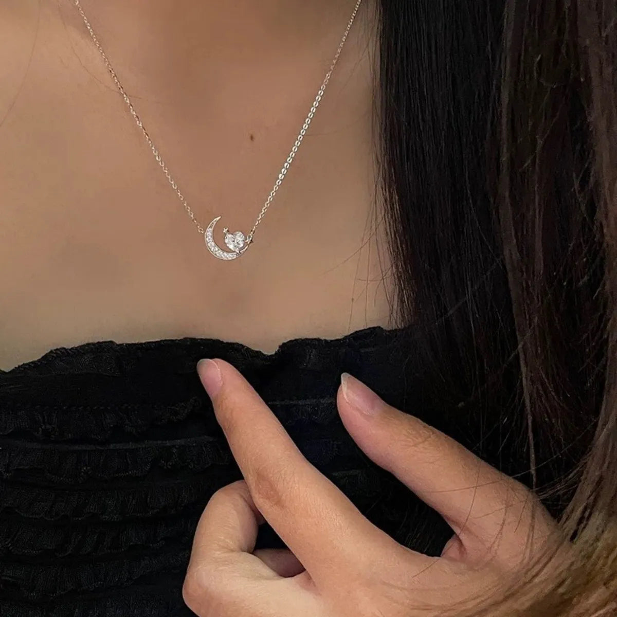 S925 Sterling Silver Heart Moon Necklace Minimalist Pendant