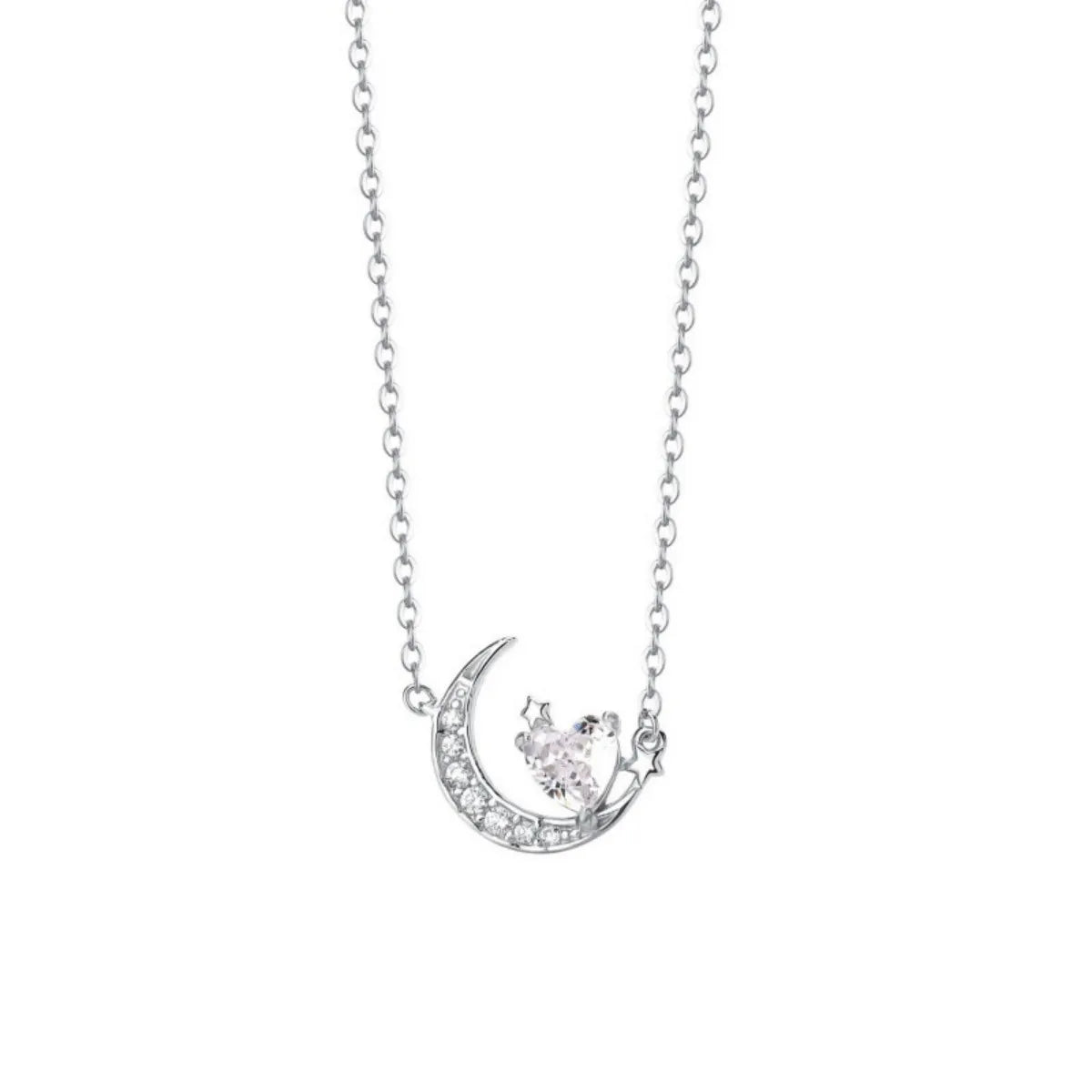 S925 Sterling Silver Heart Moon Necklace Minimalist Pendant