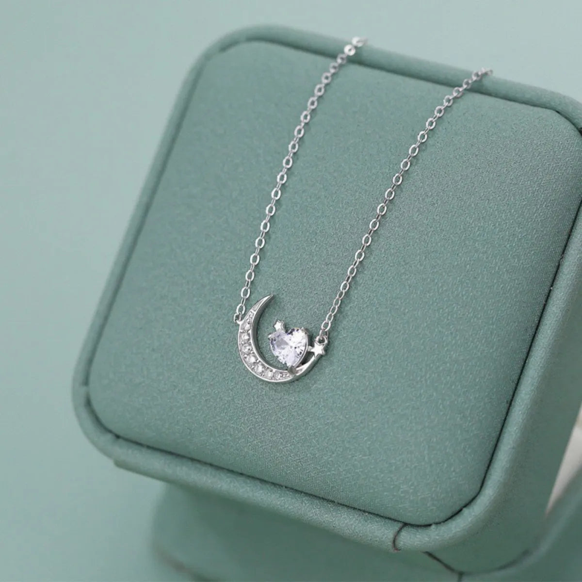 S925 Sterling Silver Heart Moon Necklace Minimalist Pendant