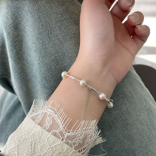S925 Sterling Silver Bamboo Pearl Bracelet Adjustable Nature Inspired Design