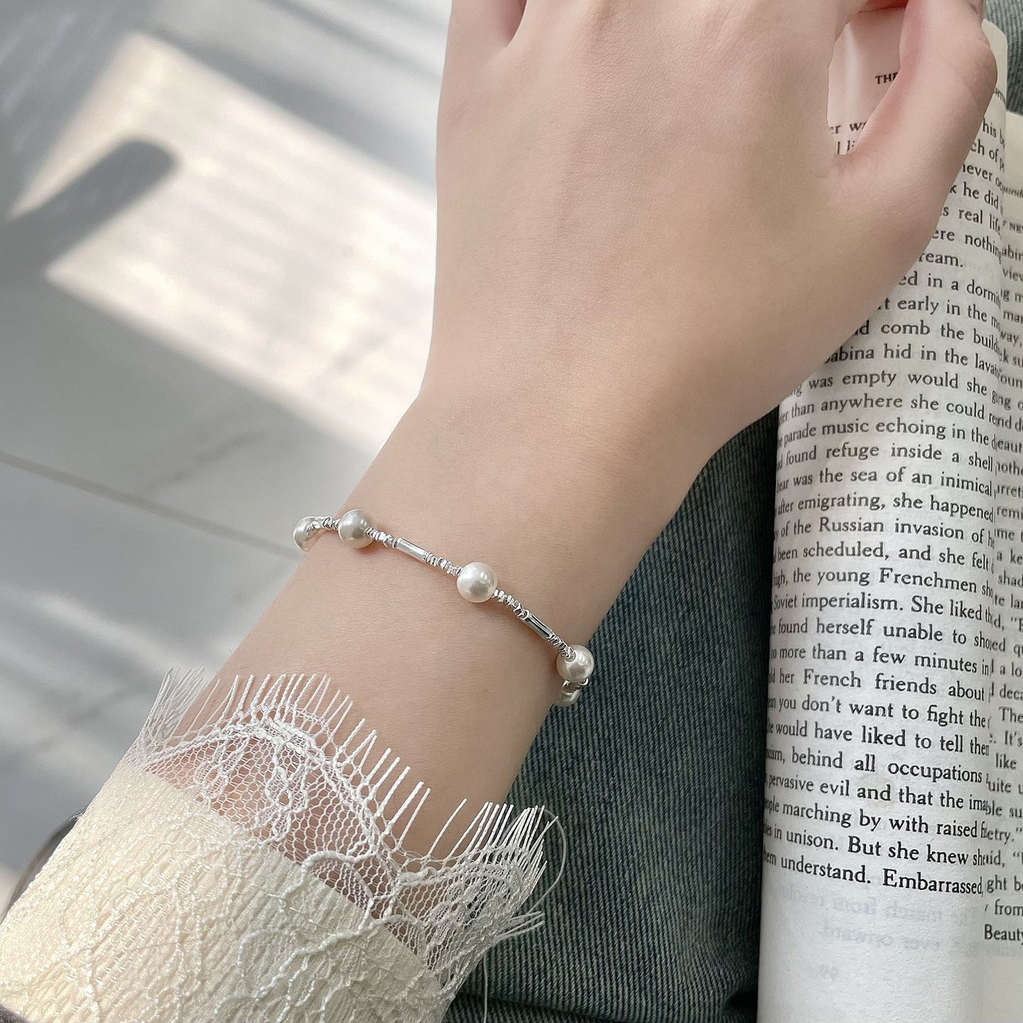 S925 Sterling Silver Bamboo Pearl Bracelet Adjustable Nature Inspired Design