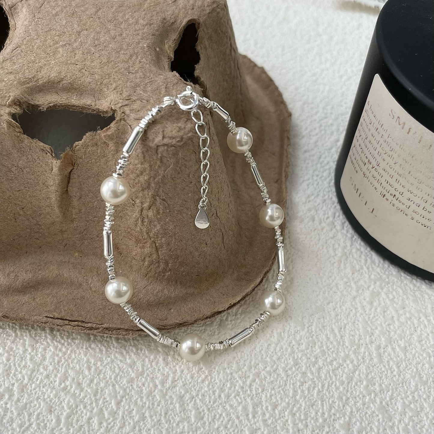 S925 Sterling Silver Bamboo Pearl Bracelet Adjustable Nature Inspired Design