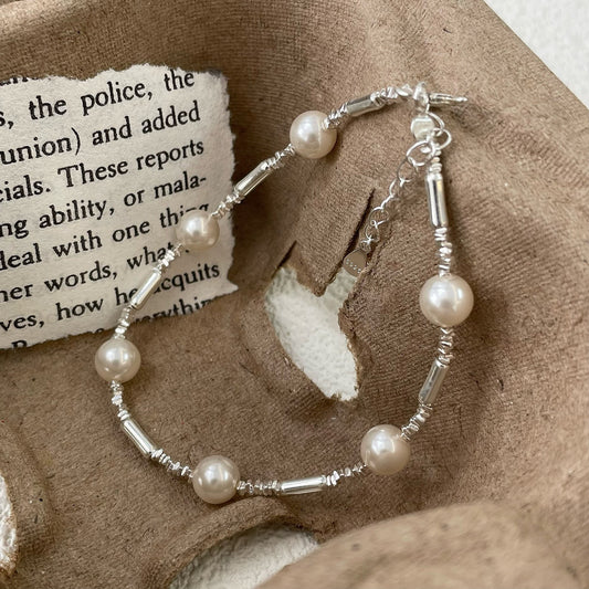 S925 Sterling Silver Bamboo Pearl Bracelet Adjustable Nature Inspired Design