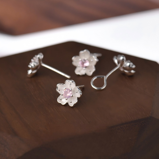 S999 Sterling Silver Sakura Stud Earrings Cherry Blossom Design