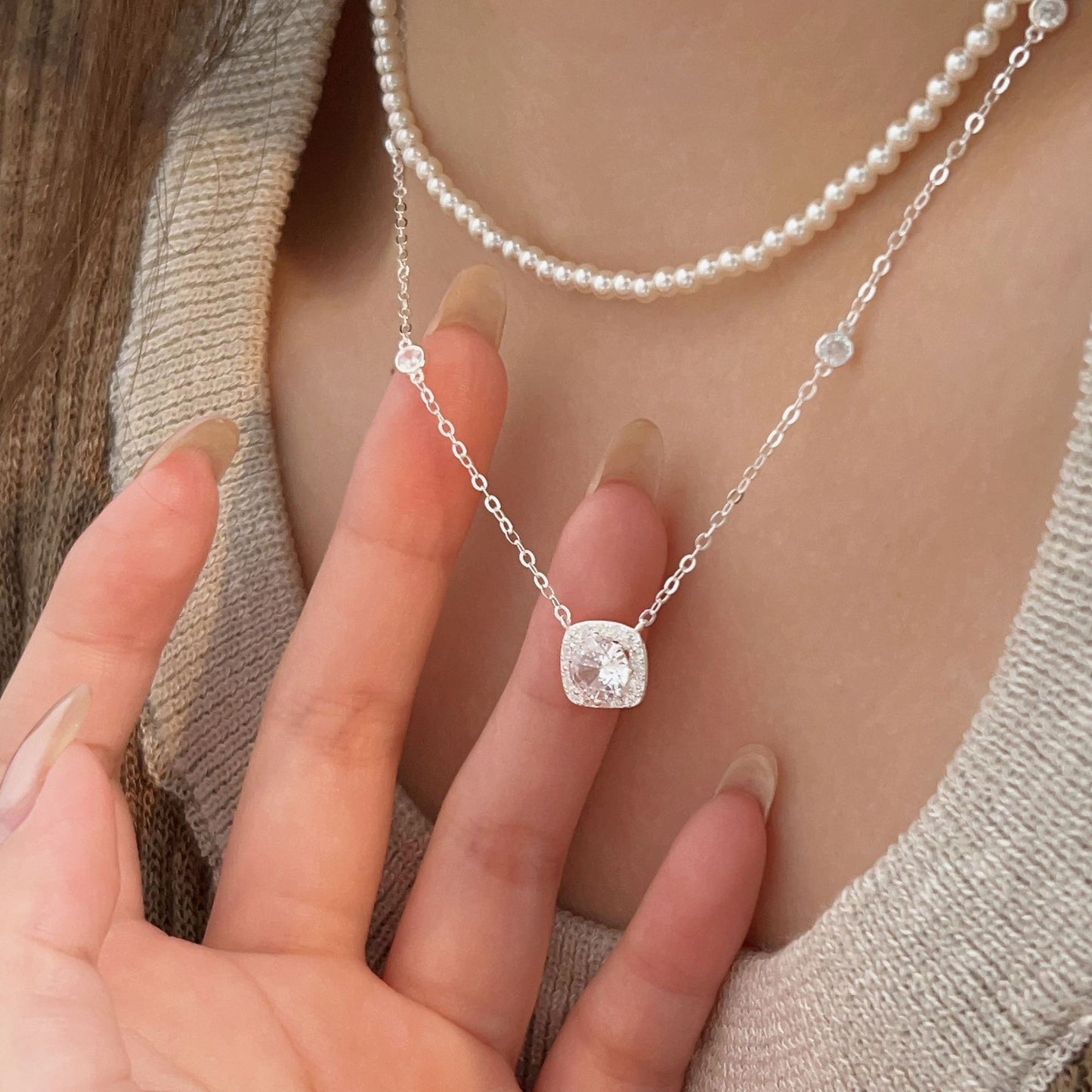 S925 Sterling Silver Pearl Layered Necklace Vintage Cube Sugar Design