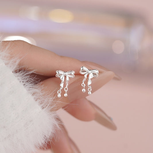S999 Sterling Silver 3D Bowknot Ball Stud Earrings