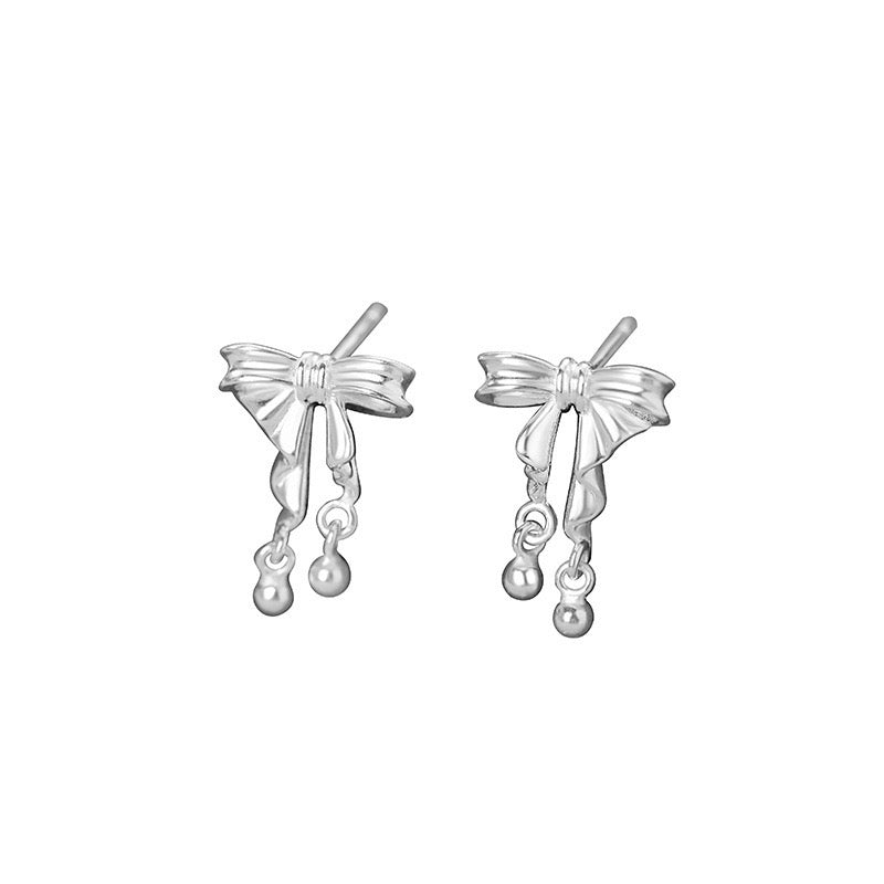 S999 Sterling Silver 3D Bowknot Ball Stud Earrings