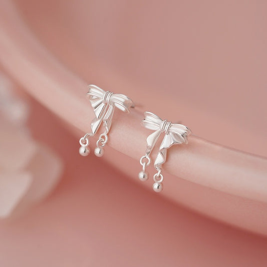 S999 Sterling Silver 3D Bowknot Ball Stud Earrings