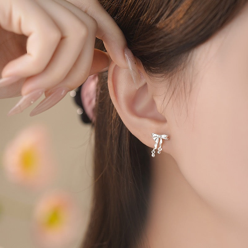 S999 Sterling Silver 3D Bowknot Ball Stud Earrings