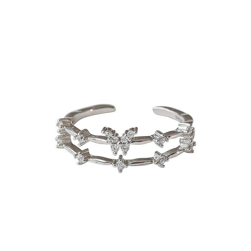 S925 Sterling Silver Double-Band Butterfly Ring with Artificial Gems