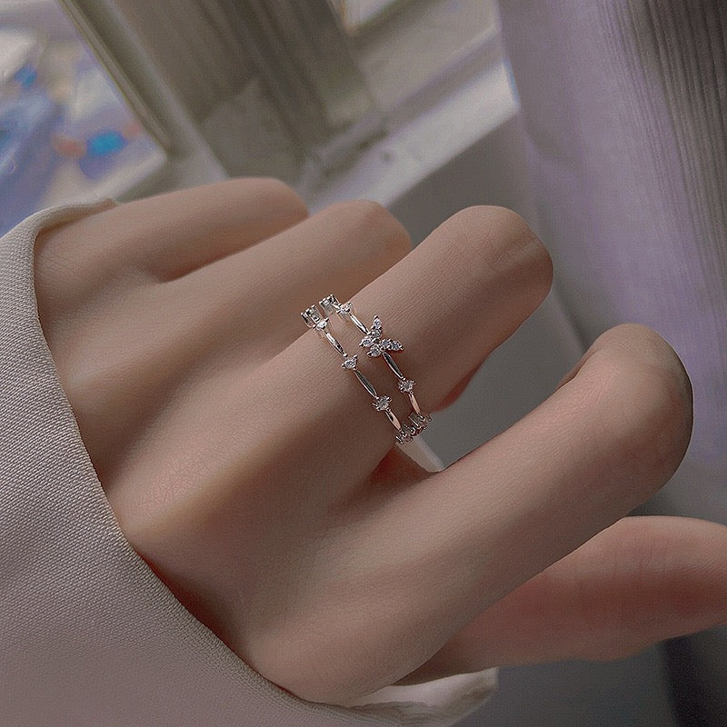 S925 Sterling Silver Double-Band Butterfly Ring with Artificial Gems