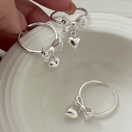 S925 Sterling Silver Bow Heart Ring Adjustable