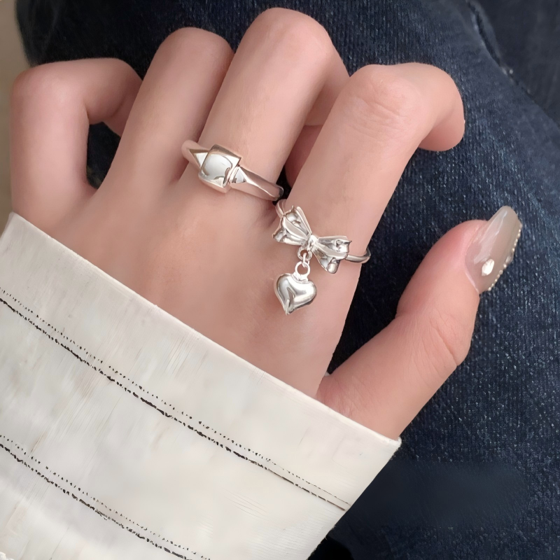 S925 Sterling Silver Bow Heart Ring Adjustable