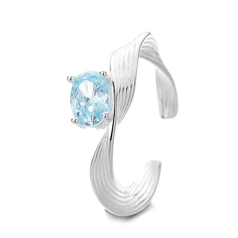 S925 Sterling Silver Mercury Wave Ring with Sea Blue Gems