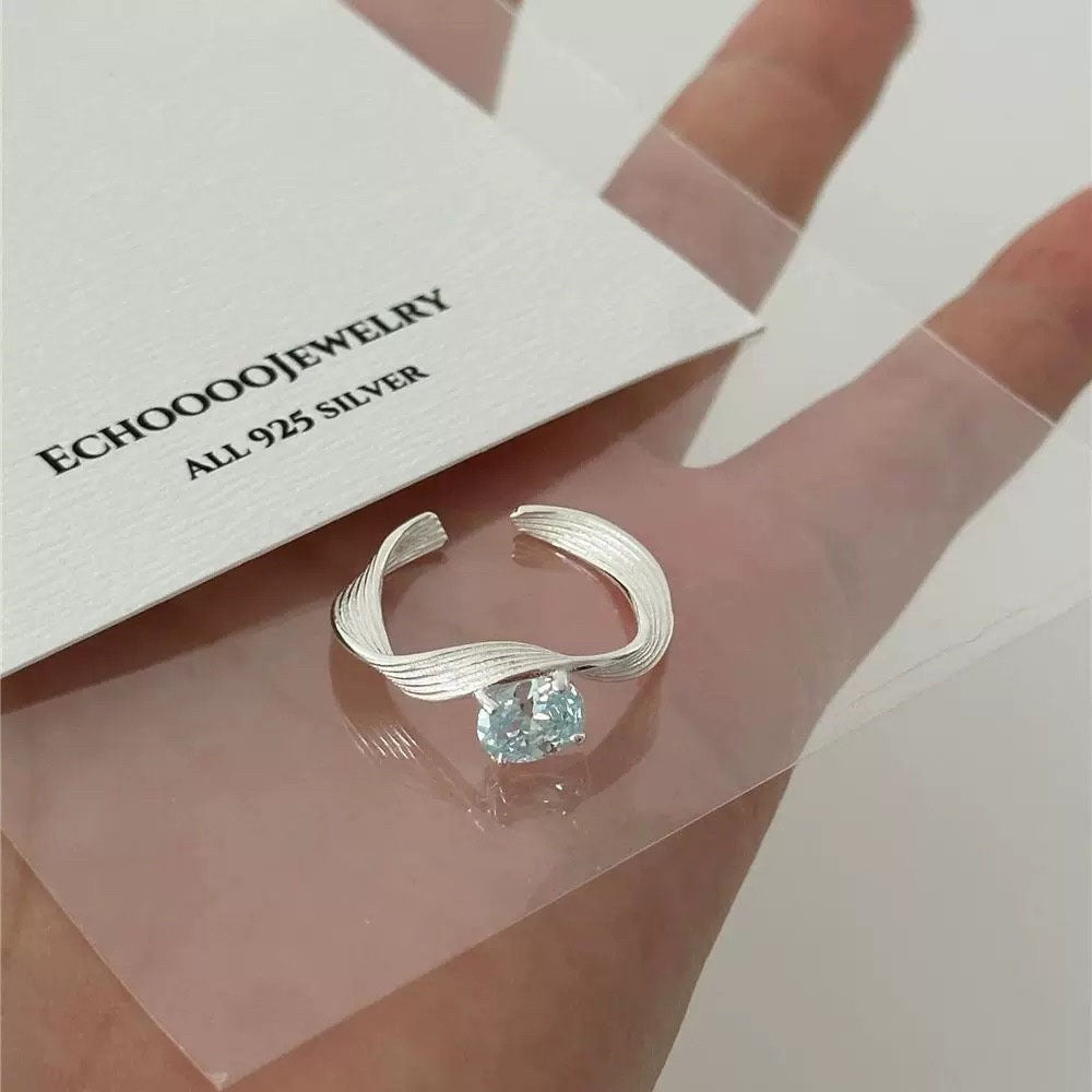 S925 Sterling Silver Mercury Wave Ring with Sea Blue Gems