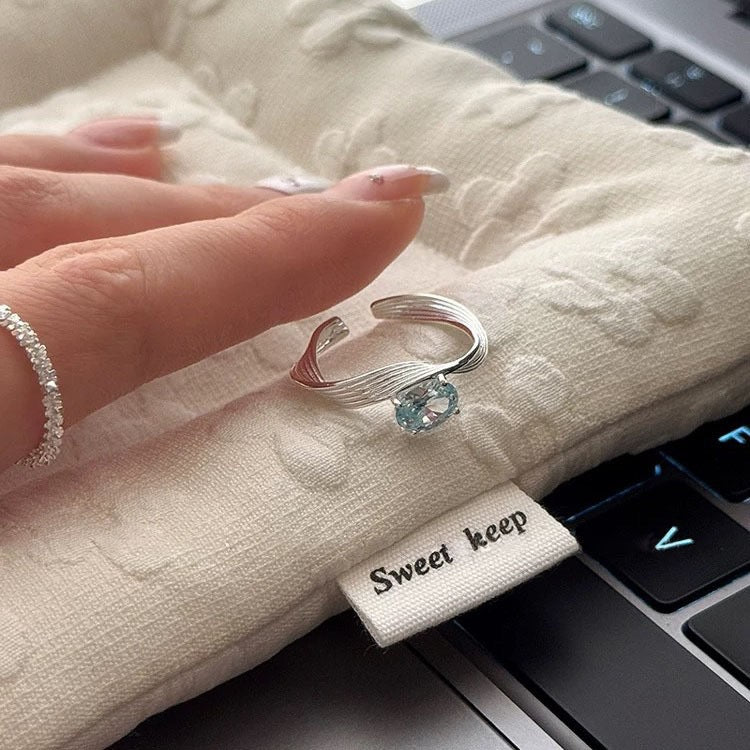 S925 Sterling Silver Mercury Wave Ring with Sea Blue Gems