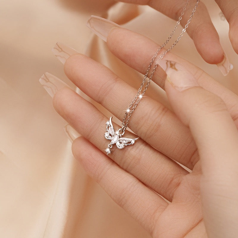 S925 Sterling Silver Butterfly Wing Necklace with Artificial Gems