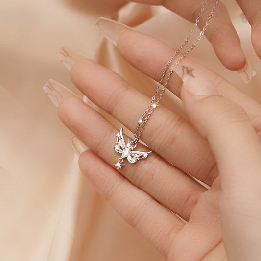 S925 Sterling Silver Butterfly Wing Necklace with Artificial Gems
