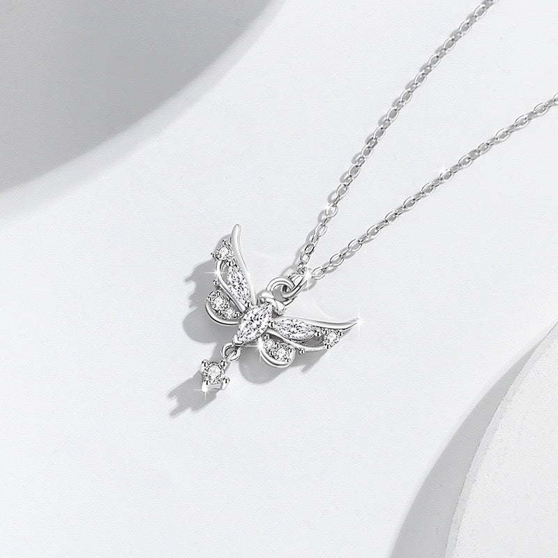 S925 Sterling Silver Butterfly Wing Necklace with Artificial Gems