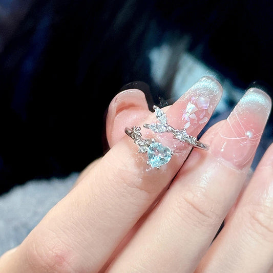 S925 Sterling Silver Fish Tail Ring with Blue Artificial Gems