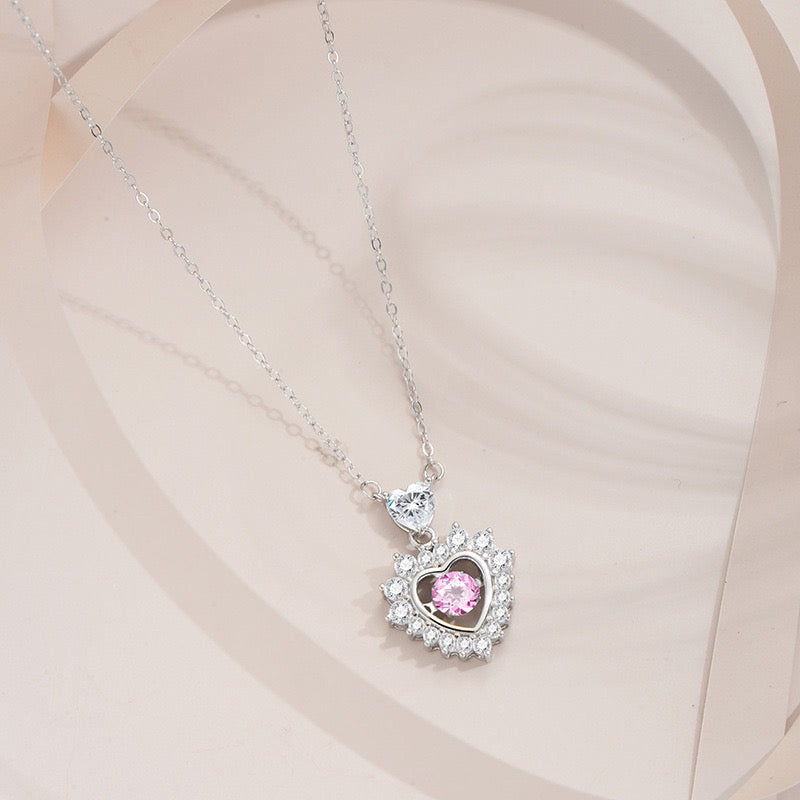 S925 Sterling Silver Pink Heart Necklace Adjustable Chain
