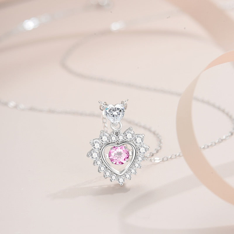 S925 Sterling Silver Pink Heart Necklace Adjustable Chain
