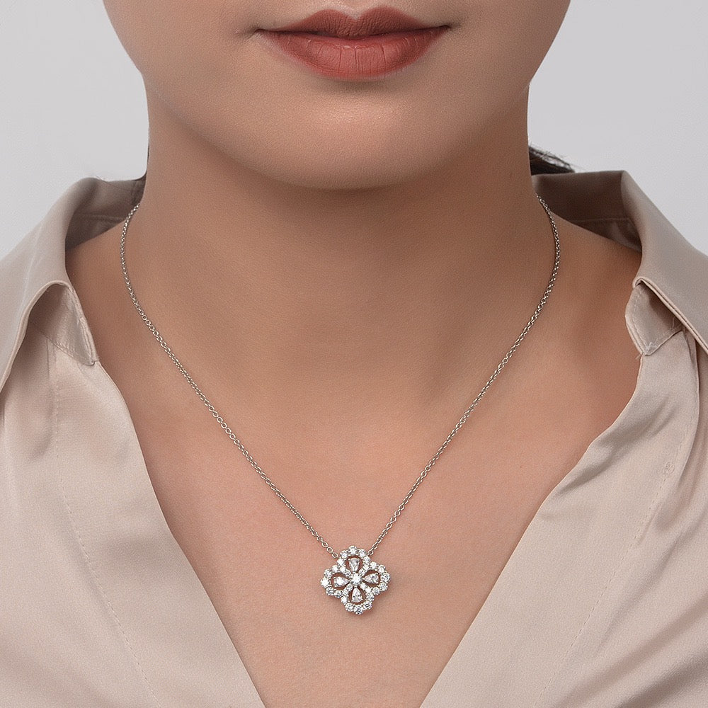 S925 Sterling Silver Clover Teardrop Necklace White Pink CZ Adjustable