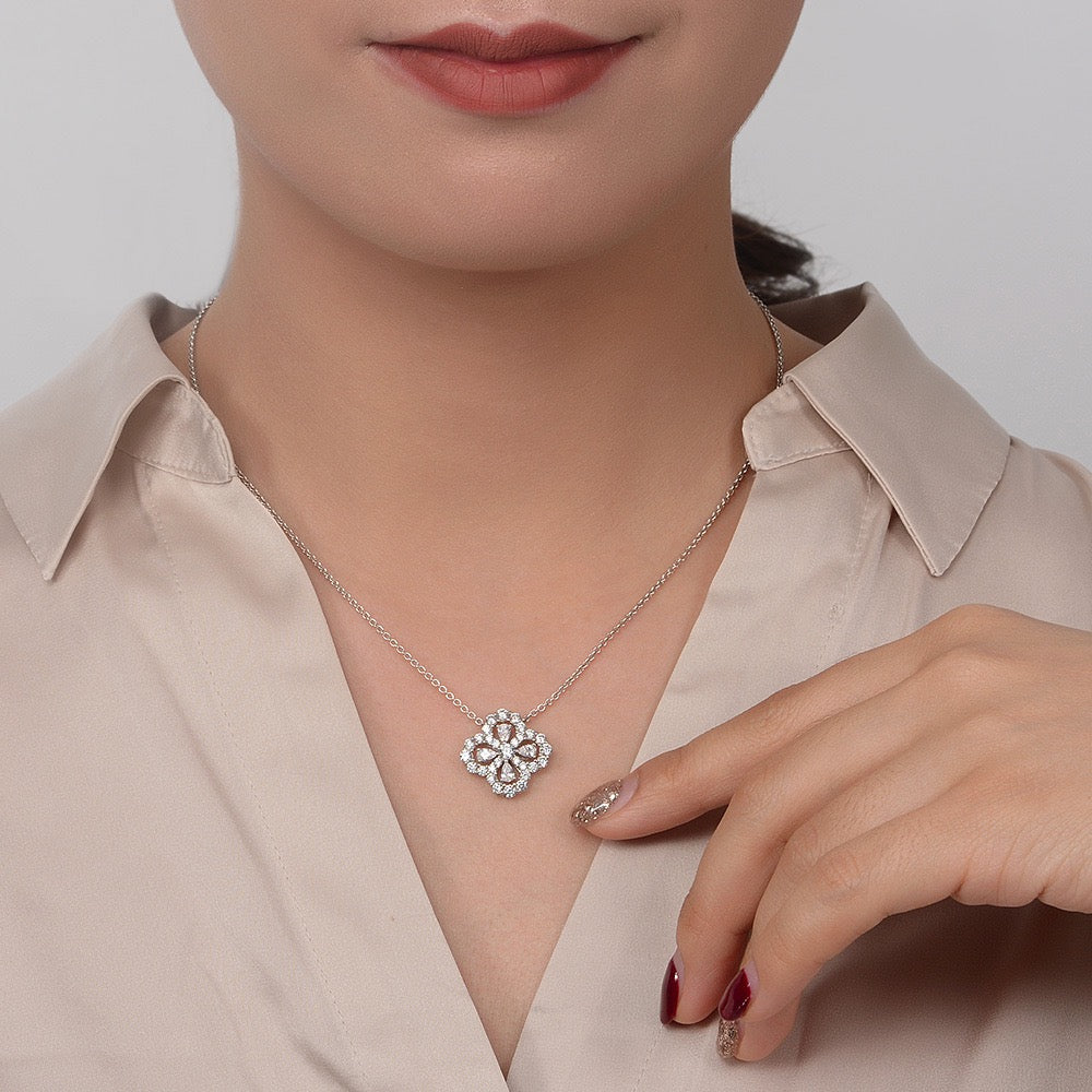 S925 Sterling Silver Clover Teardrop Necklace White Pink CZ Adjustable